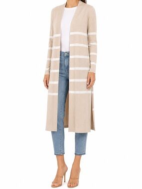 Max Studio Linen Blend Duster Open Front Cardigan Striped Beige/White XS